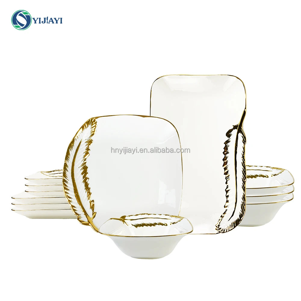 JiuWang Gold and white Plate plated rim Ceramic Bowls Ceramic Plates dinnerware tray  in bulk stock