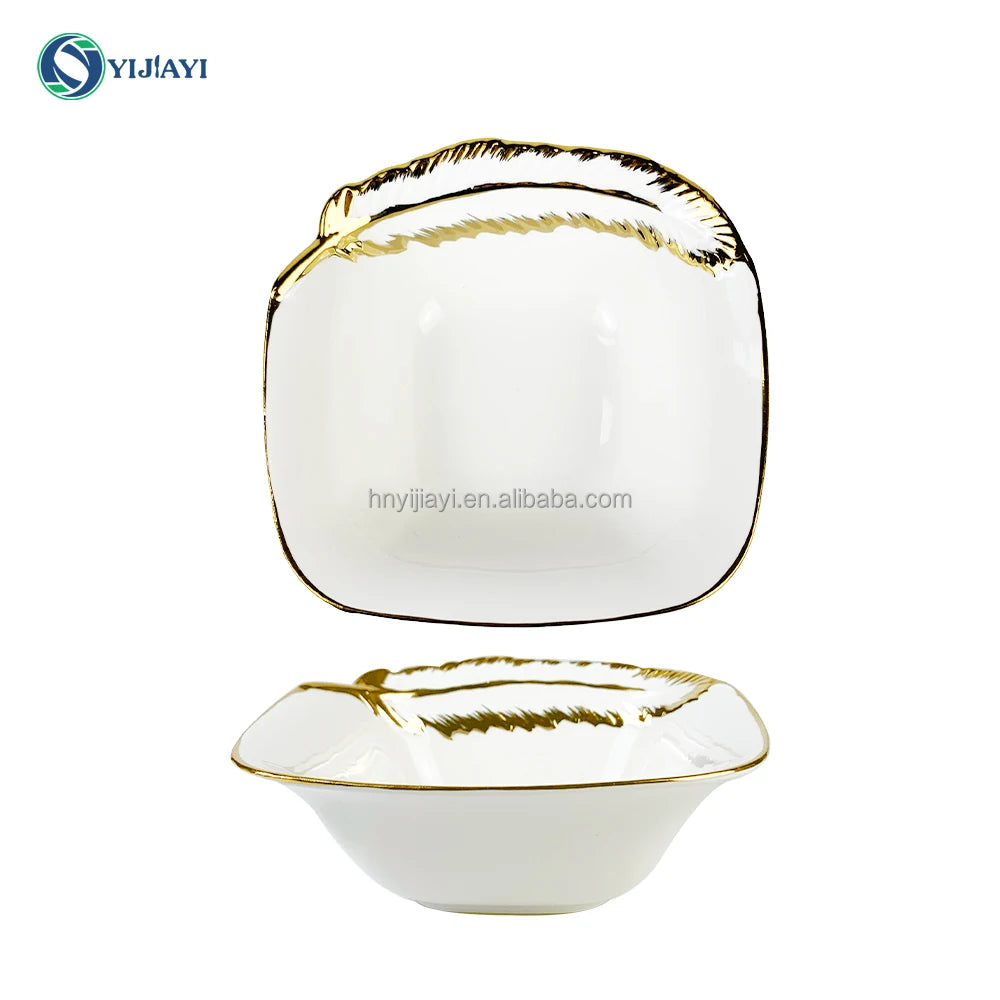 JiuWang Gold and white Plate plated rim Ceramic Bowls Ceramic Plates dinnerware tray  in bulk stock