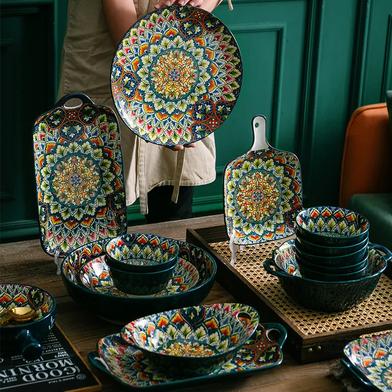 guaungzhou Ceramic Factory Wholesale Moroccan Flower bohemian style Ceramic charger plates Tableware Set for restaurant