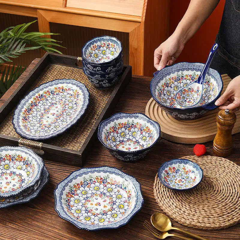 Top selling products 2023 retro style design ceramic dishes & plates porcelain bowls tableware plates sets dinnerware