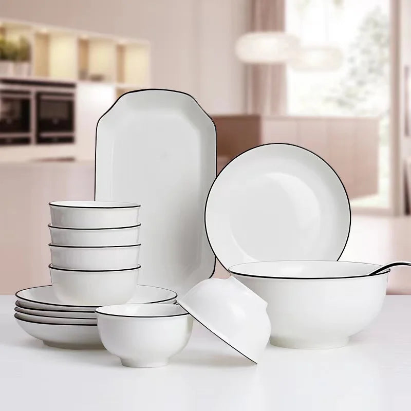 Wholesale nordic 8 inch simple ceramic set tableware white black edge high temperature microwave for ceramic plates