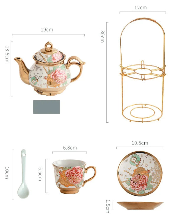 15pcs/set Delicate Bone china Coffee Cup Set European Vintage Tea Cup Tea Kettle Saucer Set