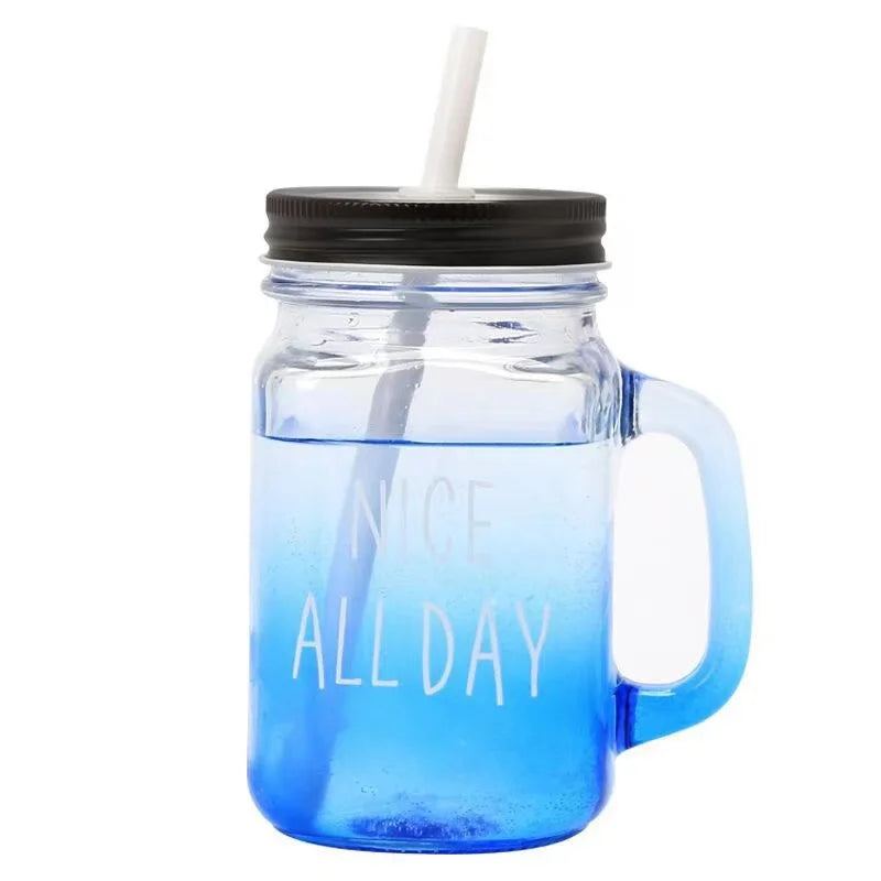 C394 Transparent Fruit Juice Cool Drink Glass Cup Mug Mason Jar Lemon Bottle With Cover Straw Sport Water Bottle