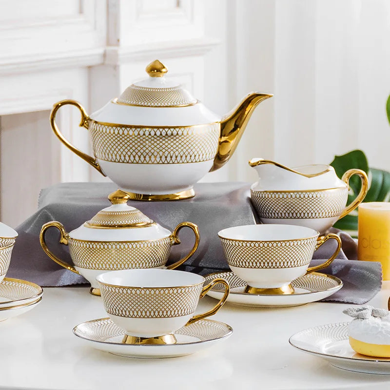 Turkish royal coffee tea set with 6 cups and saucers gold printed ceramic luxury teapot set