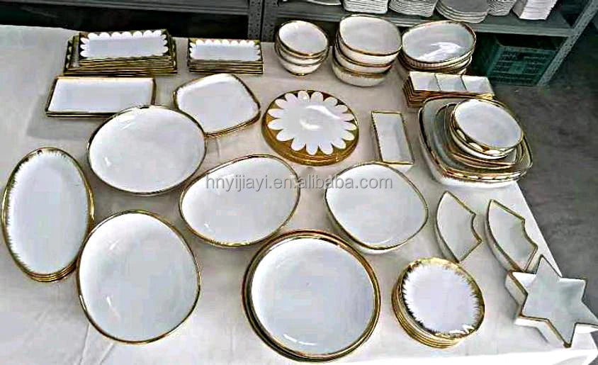 JIUWANG wholesale  dinner  plate Set White/gold ceramic loose tableware