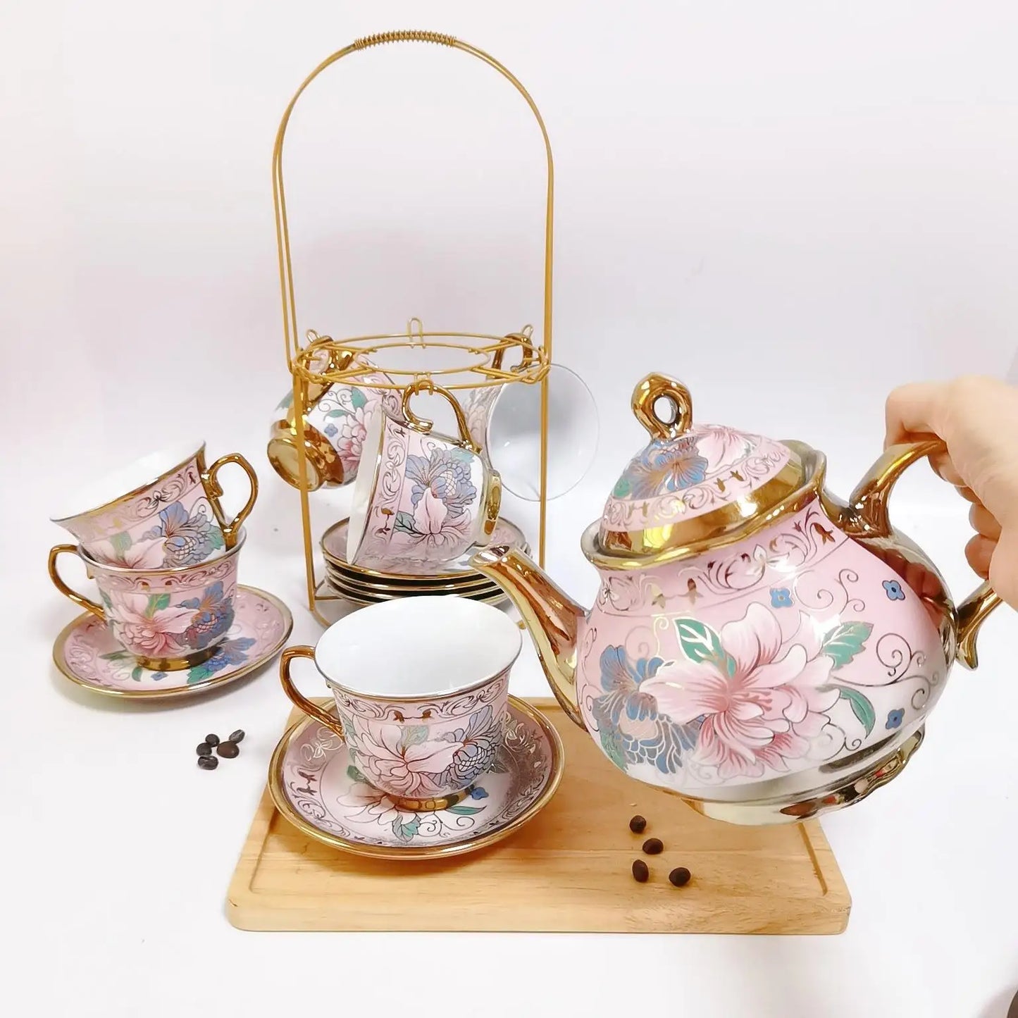 15pcs/set Delicate Bone china Coffee Cup Set European Vintage Tea Cup Tea Kettle Saucer Set