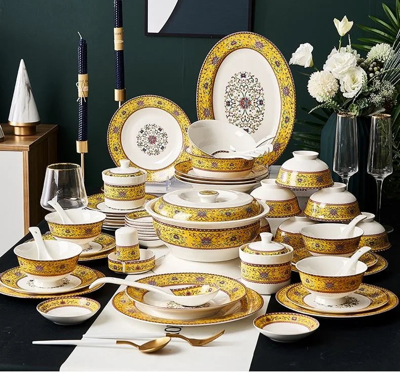 Best Sell Jingdezhen 86Pieces Western Style Golden Mosaic Bone China Tableware Set luxury plates