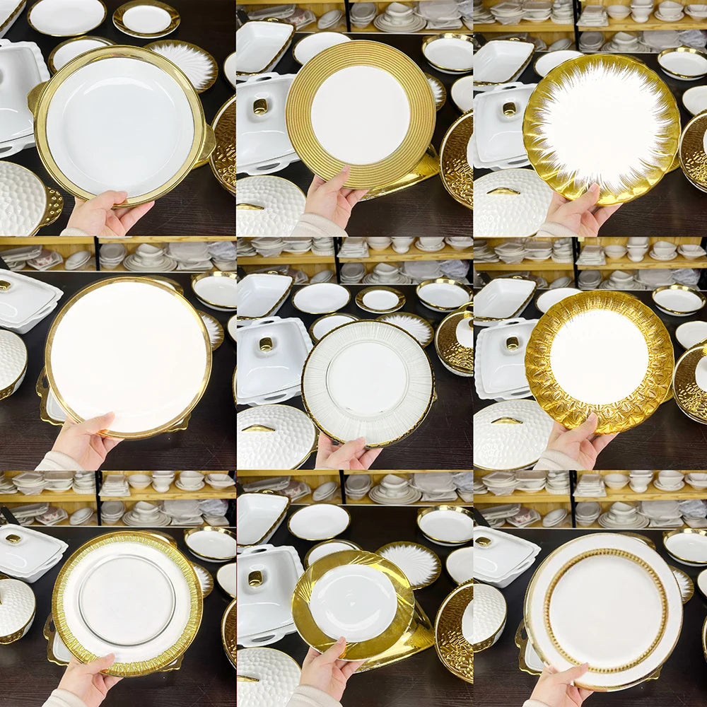 Custom shape white and gold dinner wear set dinnerware ceramic dishes supplier white tableware  plates bulk