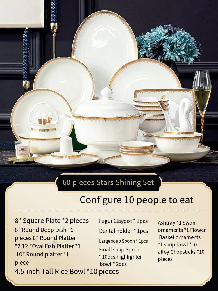 Factory 60 PCS Bone China Dinnerware Sets Wholesale Luxury Gold Ceramic Porcelain Dinnerware Hotel Crockery Set