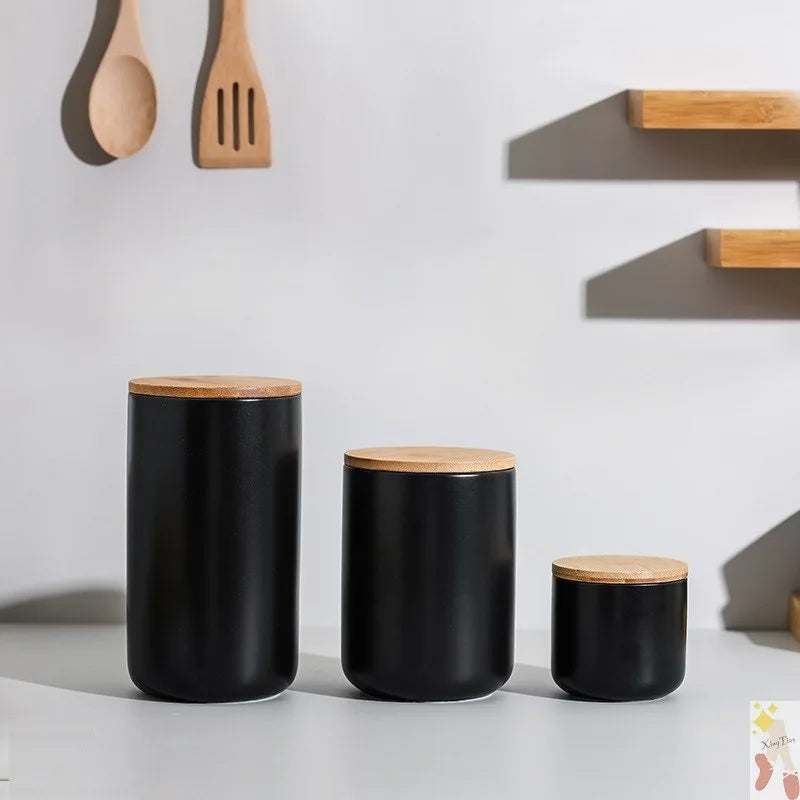 Most popular big capacity matt black glazed stoneware Food Kitchen Storage Containers ceramic jars with bamboo lid