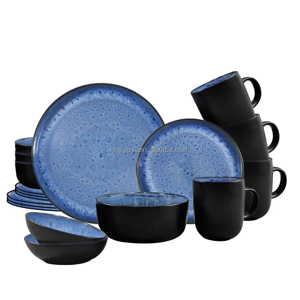 Dinner Set Red Blue Black Solid Two Stone Color Glazed Stoneware Ceramic Crockery Dinnerware