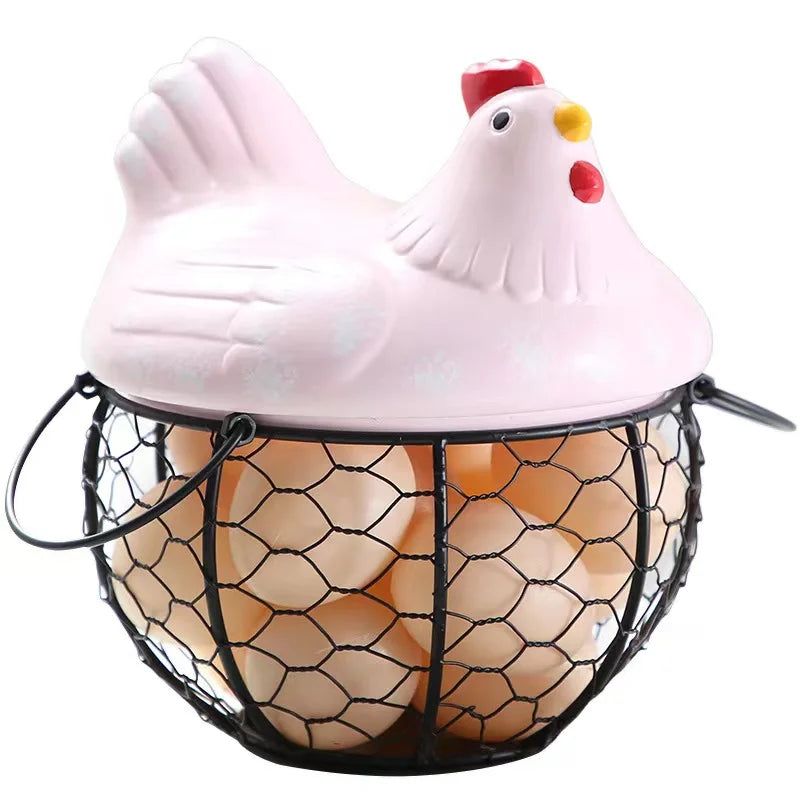 Egg Fruit Metal Storage Basket Ceramic with Lid Large Capacity Mesh Bread Basket Hen Ornament Organizer Kitchen Gift Basket