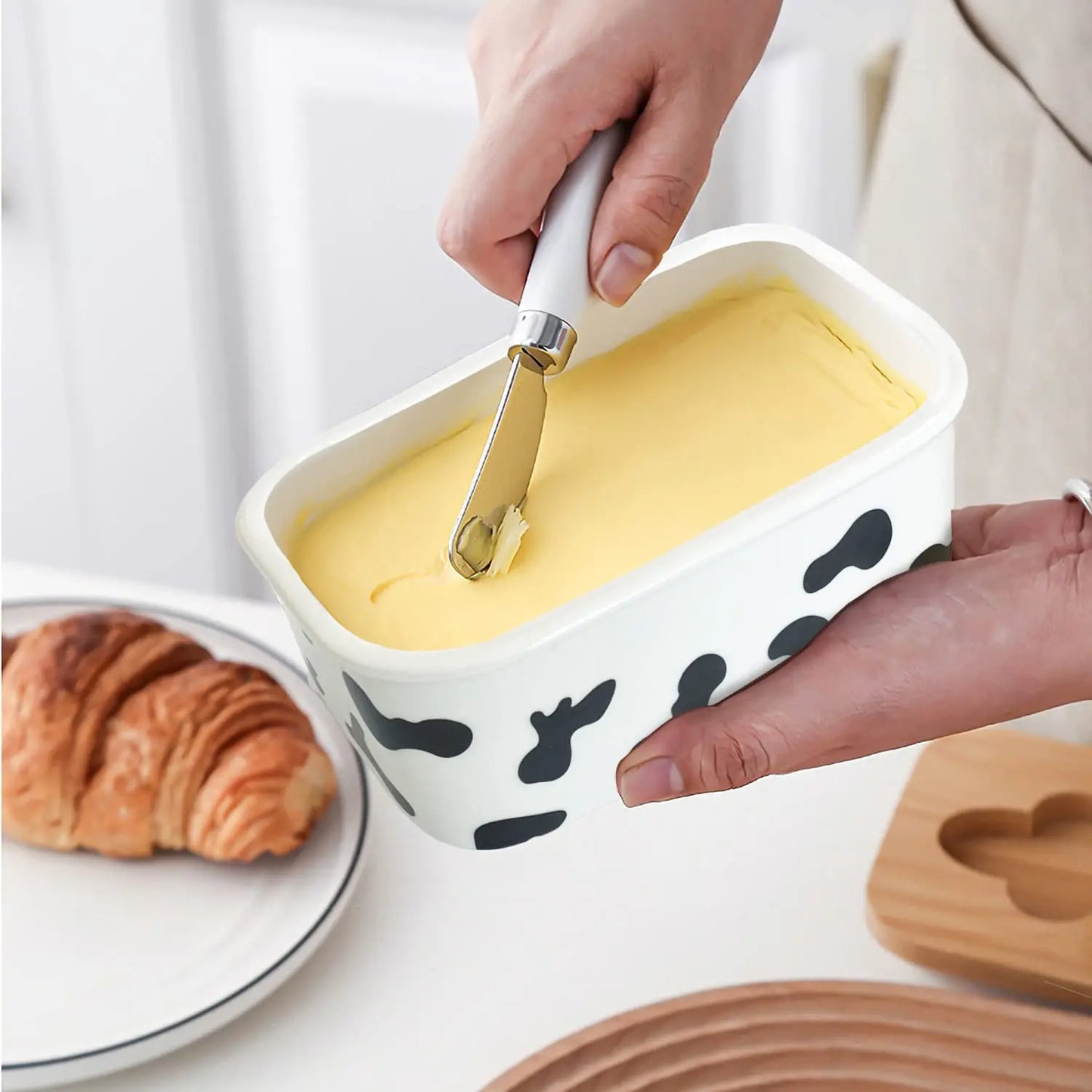 JIUWANG Cow Butter Dish with Knife Farmhouse Covered Butter Holder Fits Two Sticks of Butter