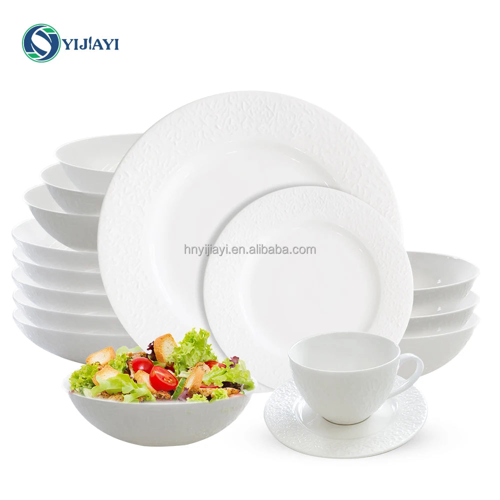 JIUWANG wholesale 1ton White ceramic ton mix dishes plates tableware assiettes blancs dore en tonnes in bulk dinnerware set