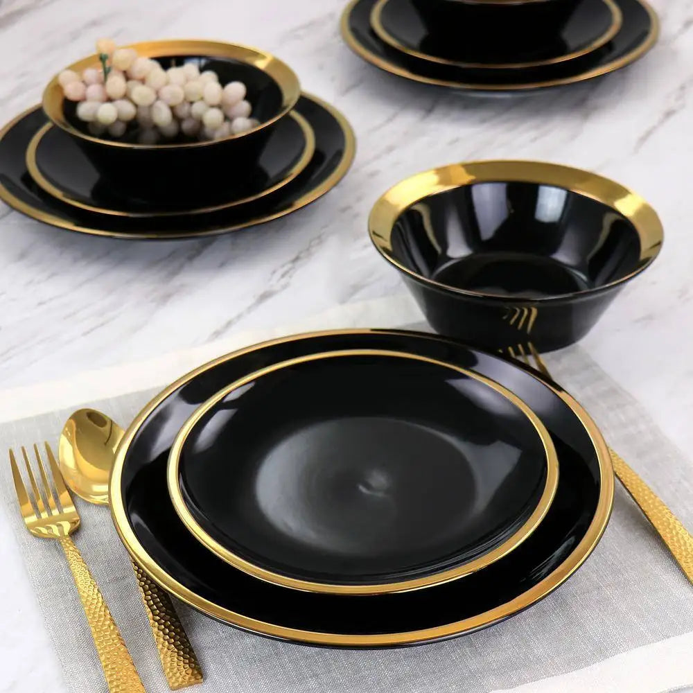 lux tableware dine set dish Wholesale Custom Wedding Luxury Glazed Nordic dinnerware sets black and gold dinnerware sets