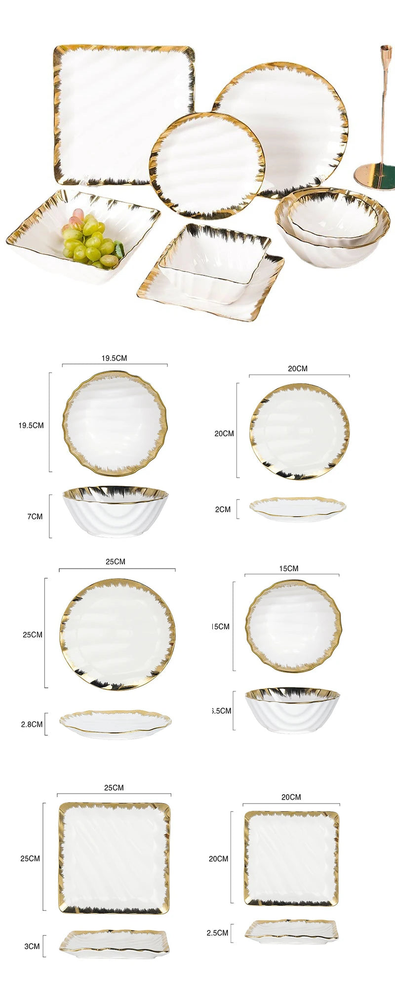 Nordic White Ceramic Dinner Plate Porcelain Dinnerware Gold Rim Hotel Dinner Set