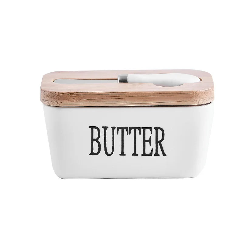 Nordic Style Butter Box With Knife Set Ceramic Cheese Butter Storage Plate With Bamboo Lid Food Container For Kitchen