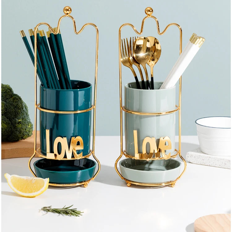 Home Goods Creative Love Design Cylinder Cutlery Chopstick Storage Holder Kitchen Ceramic Utensils Holder With Drain Basket