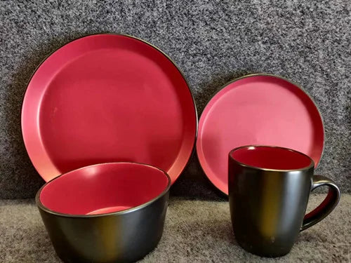 Western Style 16Pcs Color Glazed Stoneware Ceramic Dinnerware Red Black Double Color Tableware Used For Hotel