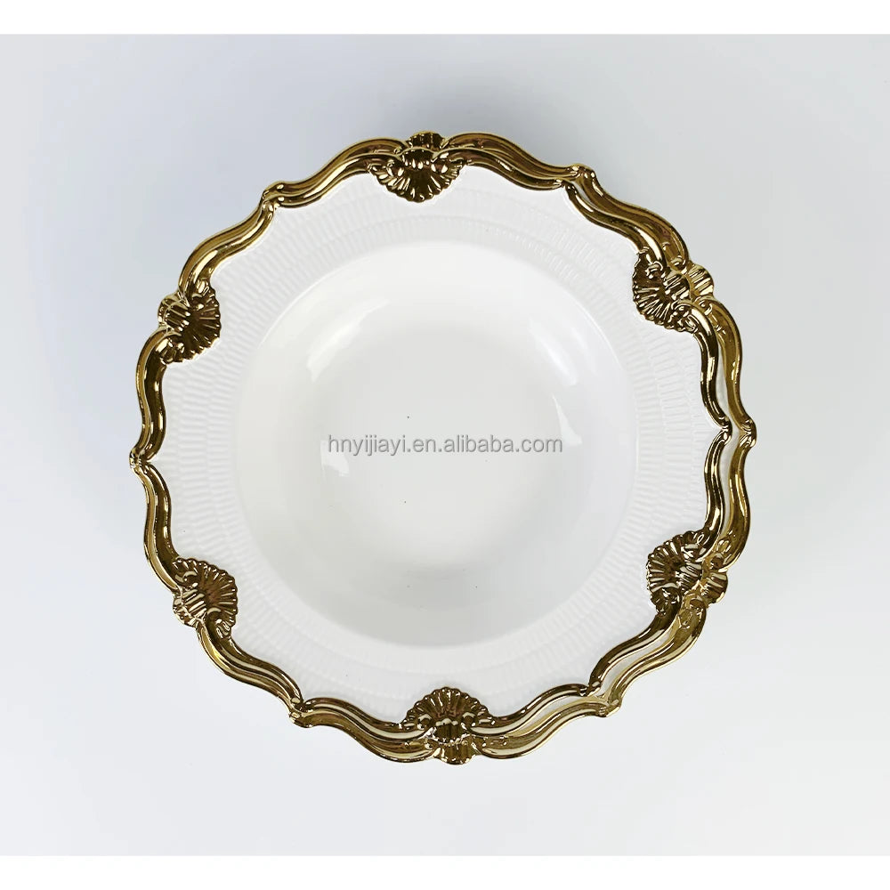 Hot Sell Restaurant kitchen Plate With Gold and white Rim Ceramic Bowls Ceramic Plates Sell  for wedding reception cuttelery set