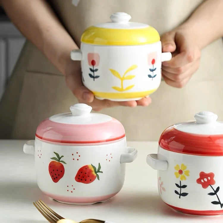 Ceramic water-proof stew pot with lid double ear stew bird's nest cup steamed egg cup household small soup cup stew bowl