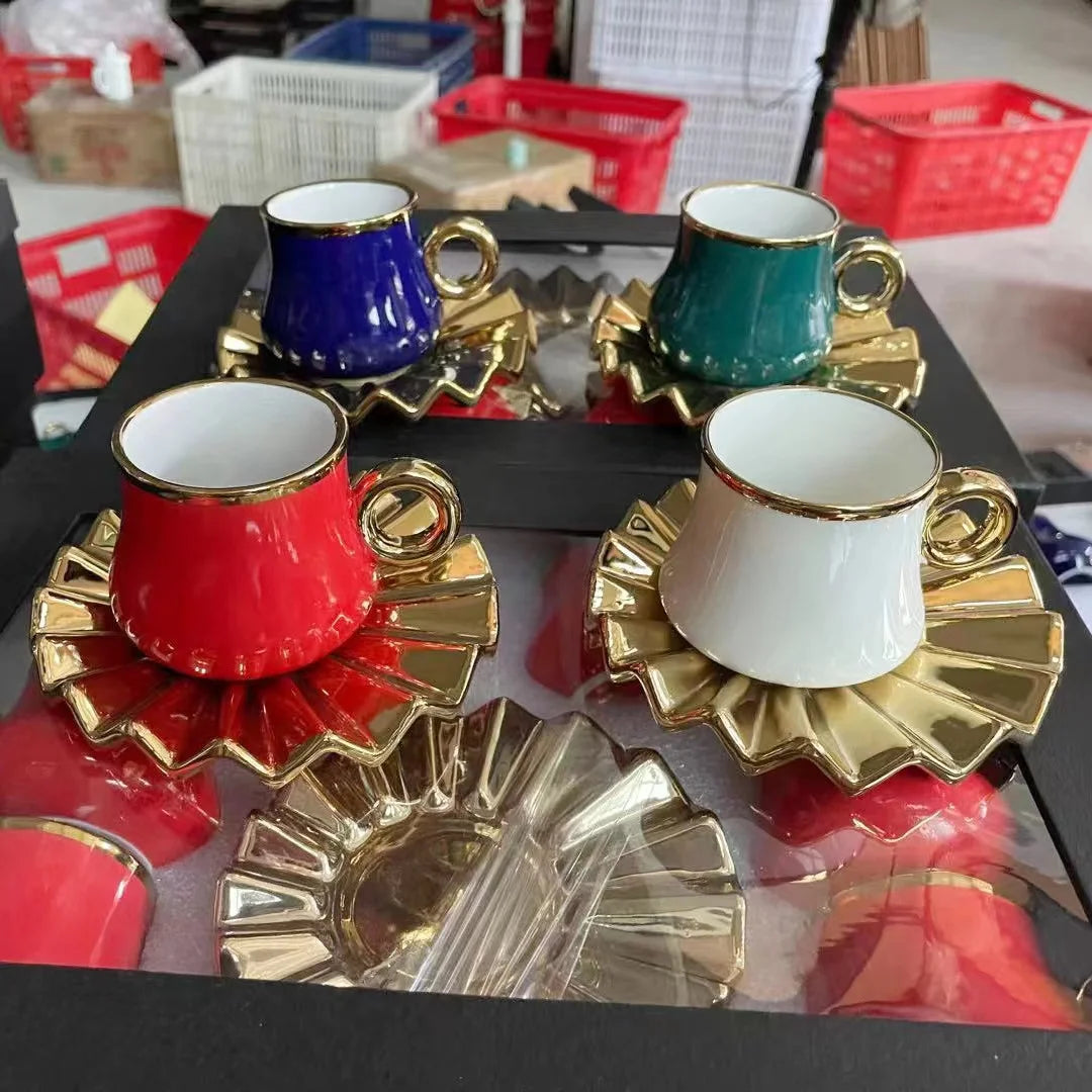 Phnom Penh wholesale 6 cups 6 dishes ceramic tea set green red white yellow gold  ceramic coffee cups set with saucer