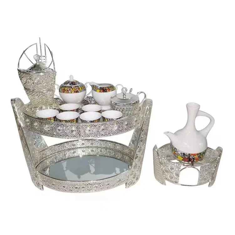 Large Golden Silver Plated Eritrean Ethiopian Rekebot Coffee Serving Tray Table Set cup coffee cups