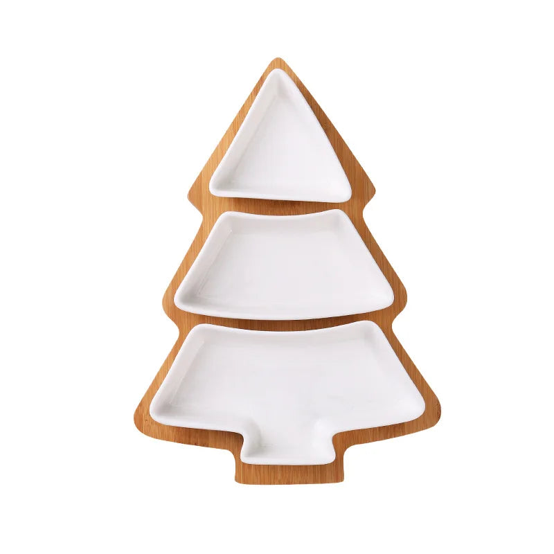 Ceramic Bamboo Wood Christmas Tree Partition Plate Snack Platter Snack Fruit Bowl Plate