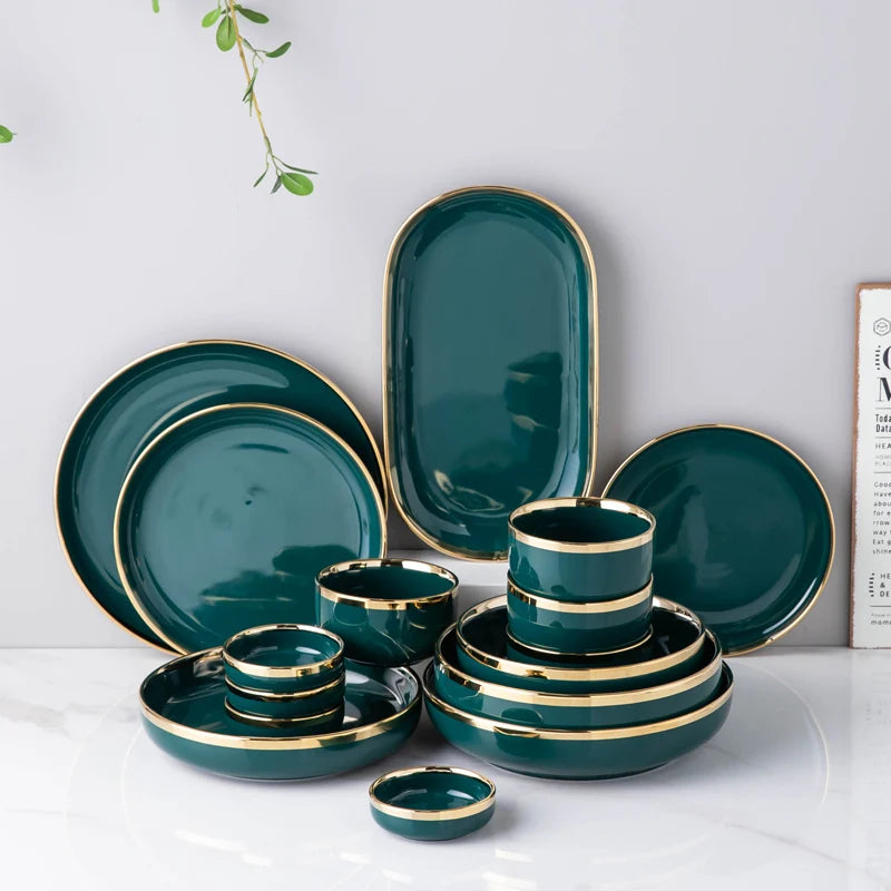 ins Luxury Phnom Penh Ceramic Dishes And Plates Tableware Emerald Green Home Dinner Steak Plate Set