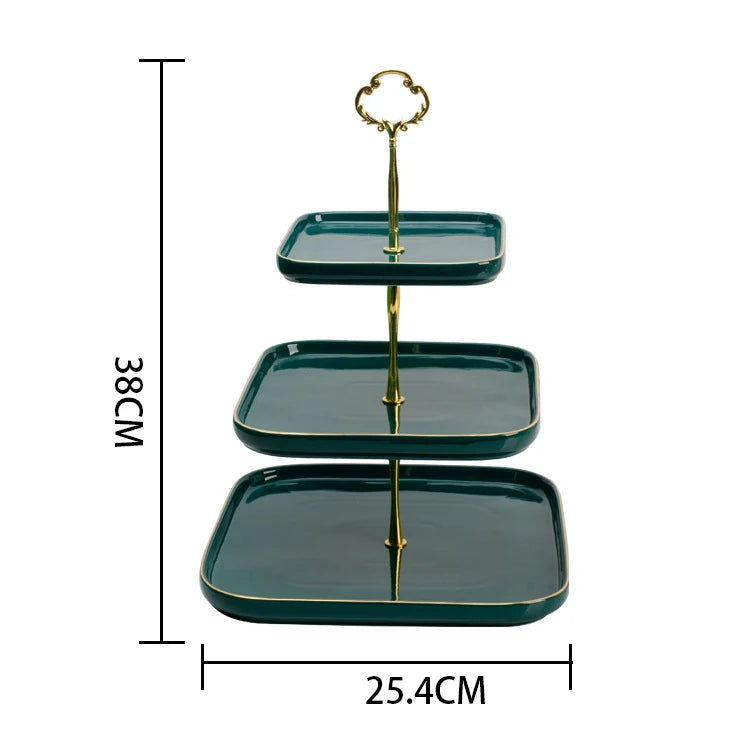 Wholesale china tray nordic gold luxury decorative kitchen storage cake chocolate ceramic 2 3 layers serving tray