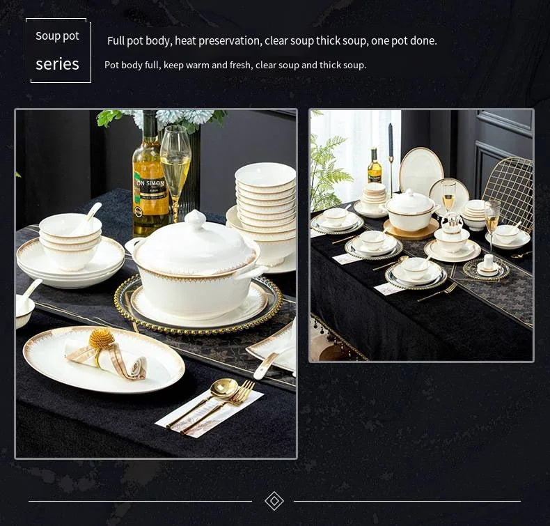 Factory 60 PCS Bone China Dinnerware Sets Wholesale Luxury Gold Ceramic Porcelain Dinnerware Hotel Crockery Set