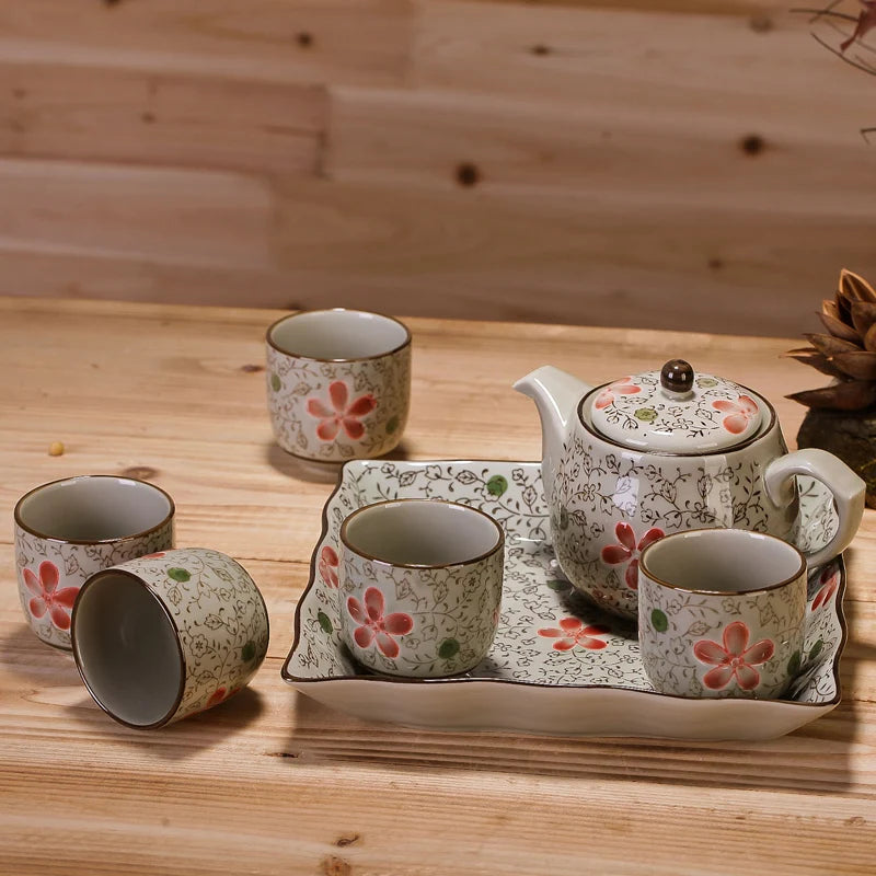 customized traditional art design Ceramic bone china Japanese tea set 6pcs of underglaze color big red flowers  for drinking