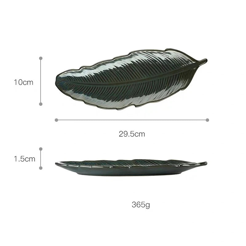 Japanese Style Luxury 10 Inch Ceramic Household Fish Dish Green Black Blue White Decorative Ceramic Leaf Shape Susi Plate