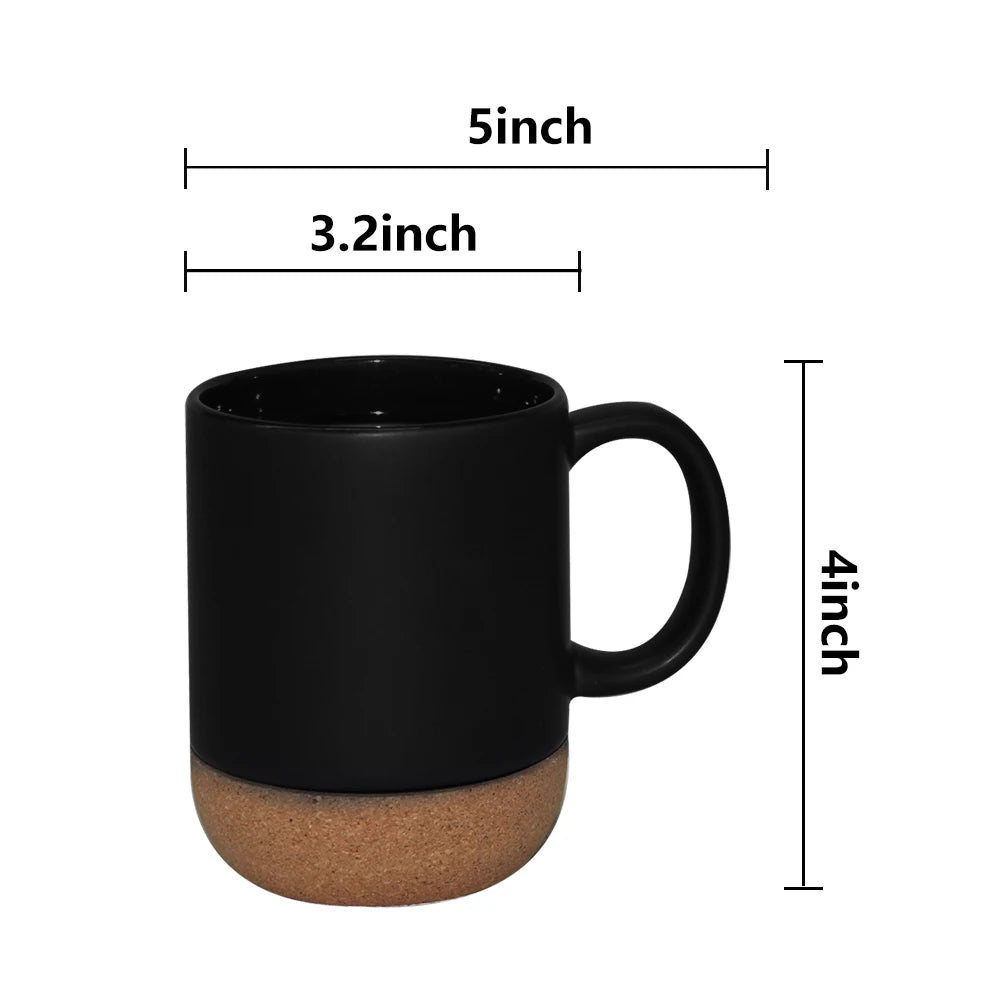 Custom nordic matte black cork base coffee mug cup ceramic with wooden insulated cork bottom Lid