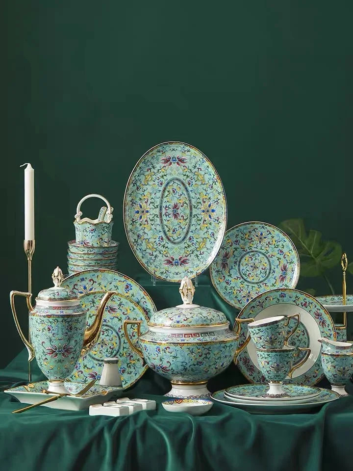 Best Sell Jingdezhen 86Pieces Western Style Golden Mosaic Bone China Tableware Set luxury plates