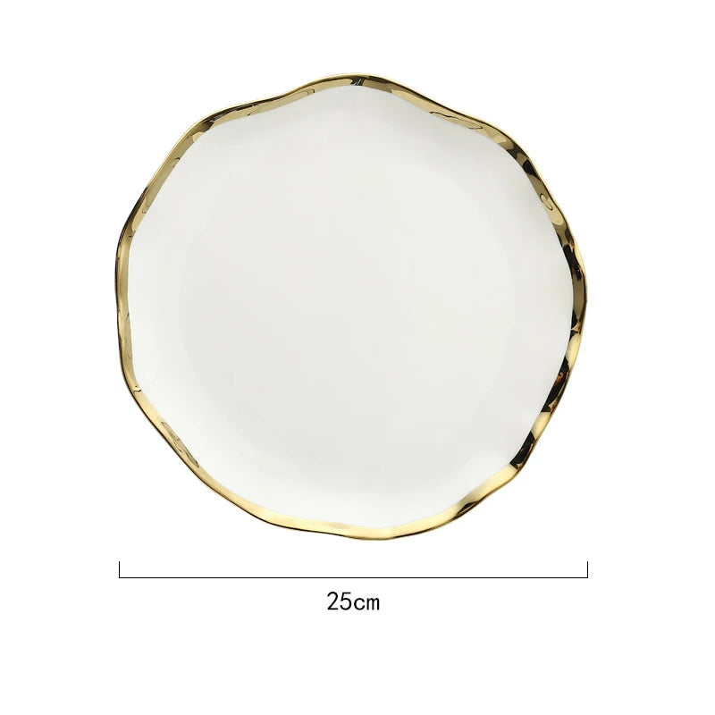 Gold and white Plate plated rim Ceramic Bowls Ceramic dinner Plates dishes dinnerware tray  in bulk 16 piece cafe tableware