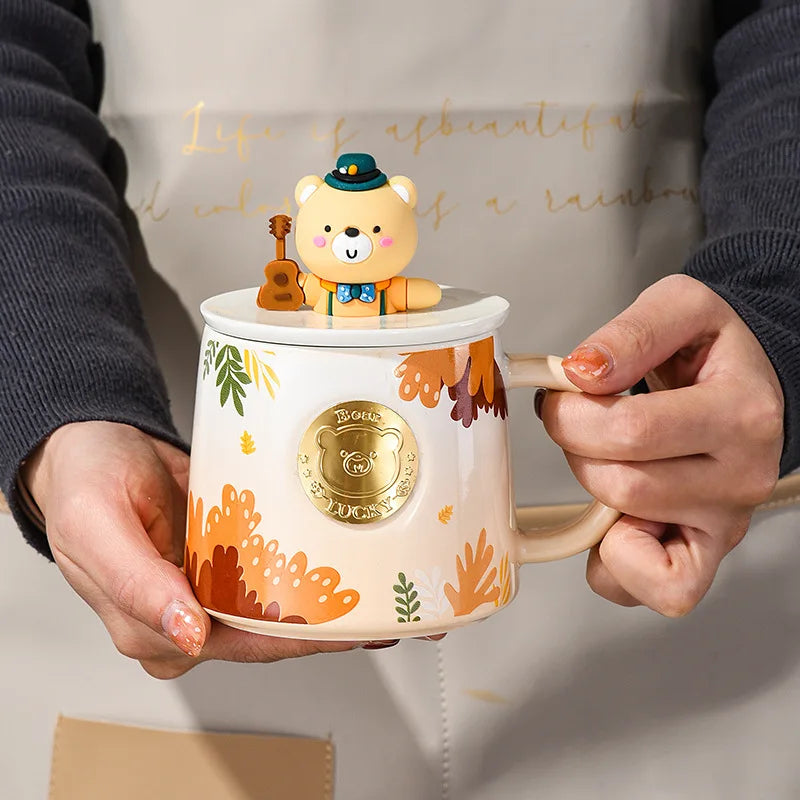 Ceramic Coffee Mug Cute Fun Cartoon Animal Office Mug with Spoon Lid Student Home Breakfast Cup Couple Creative Water Cup