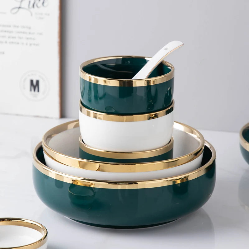 Wholesale Nordic Dark Green Black Fine Bone China Tableware Porcelain Rice Soup Bowl Ceramics Plates Dinnerware Dinner Set