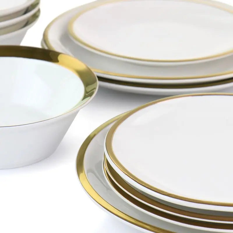 Luxury Sustainable Porcelain Gold Stoneware Ceramic Dinnerware Sets Gold Glazed Stone Color Plant Pattern Stocked Dinner Plates