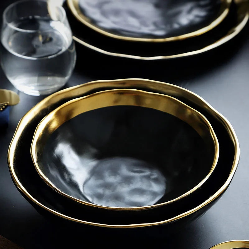 Luxury dinnerware high grade black porcelain charger plate with gold rim