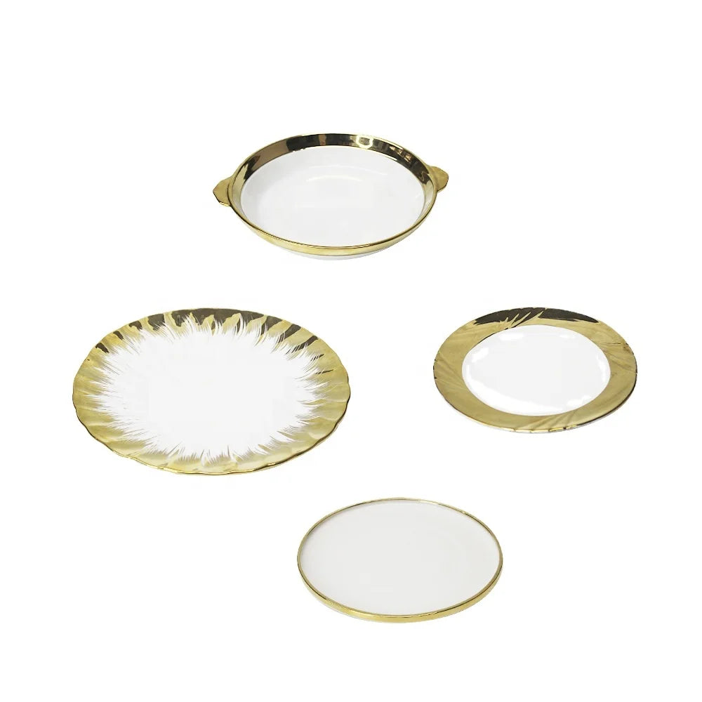 JIUWANG factory OEM ODM free sample round luxury white dinner plate with gold rim different shapes