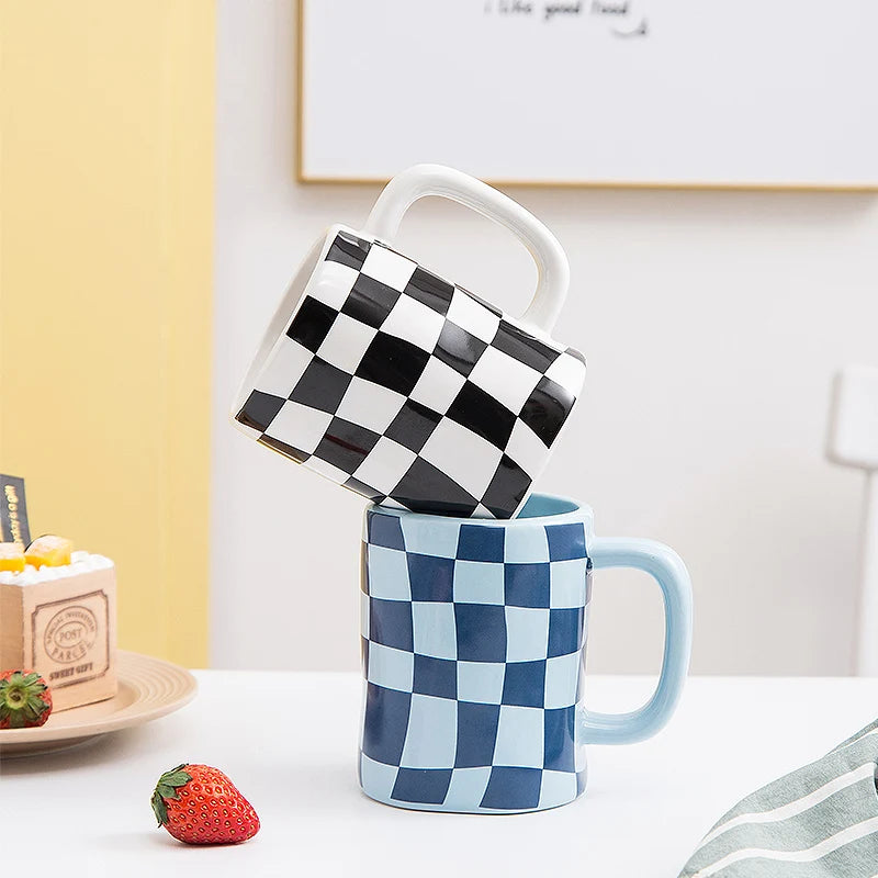 New Product Checkerboard Irregular Nordic Ceramic China Modern Coffee Customised Mugs