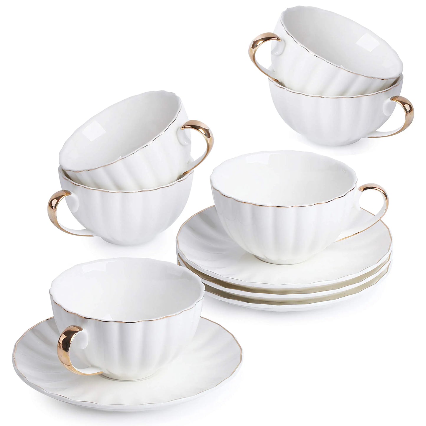 WHITE TEA CUP AND SAUCER WITH GOLD DETAIL