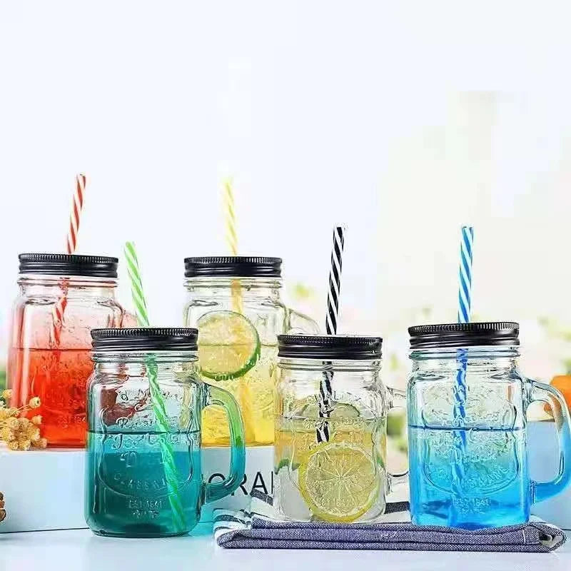 C394 Transparent Fruit Juice Cool Drink Glass Cup Mug Mason Jar Lemon Bottle With Cover Straw Sport Water Bottle