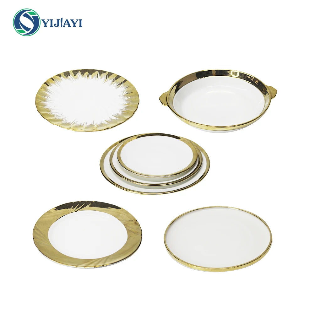 Gold and white Plate plated rim Ceramic Bowls Ceramic dinner Plates dishes dinnerware tray  in bulk porcelain dinnerware set