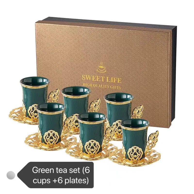 top seller white green pink glaze with gold rim metal handle ceramics Coffee & ceramics Tea Sets