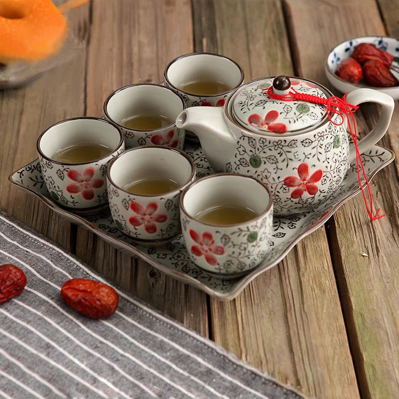 customized traditional art design Ceramic bone china Japanese tea set 6pcs of underglaze color big red flowers  for drinking