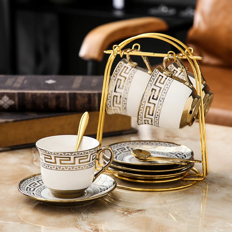 15 Pcs/Set English Camellia Pattern Gold Rim Bone China Coffee Tea Sets Cup Saucer Pot Gift Set With Dessert Tray