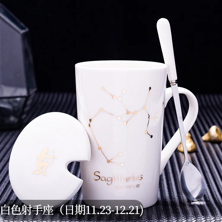 Constellations Ceramic Coffee Milk Mug with Spoon Lid Black and Porcelain Zodiac Ceramic Cup