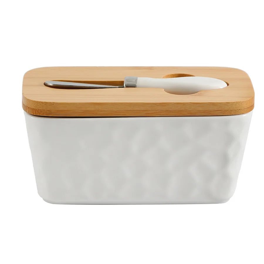 Lanfengye Ceramic Butter Dish with Bamboo Lid And Knife Butter Keeper Container For Customize